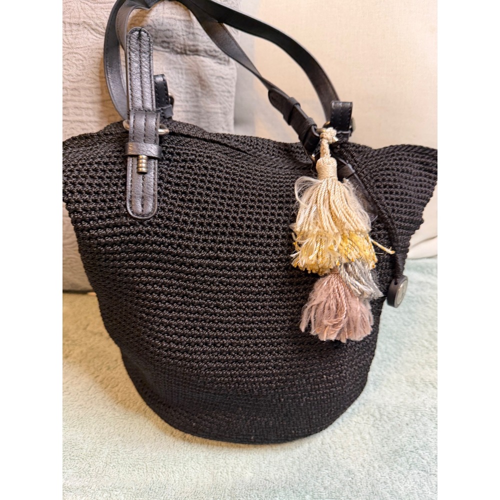The Sak Black Crochet Knit Hobo Shoulder Bag Tassel Charm Zip Top